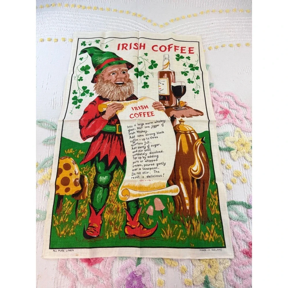 Vintage Irish Coffee Tea Towel Pure Linen Made in Ireland Leprechaun Recipe